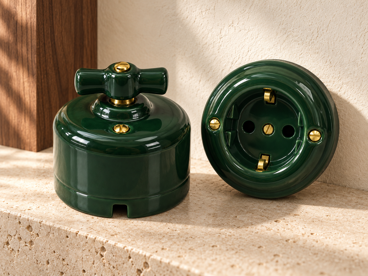 CERLUME forest green ceramic switch and socket visual concept with limestone, walnut and warm plaster; finish and product details subject to physical sample confirmation