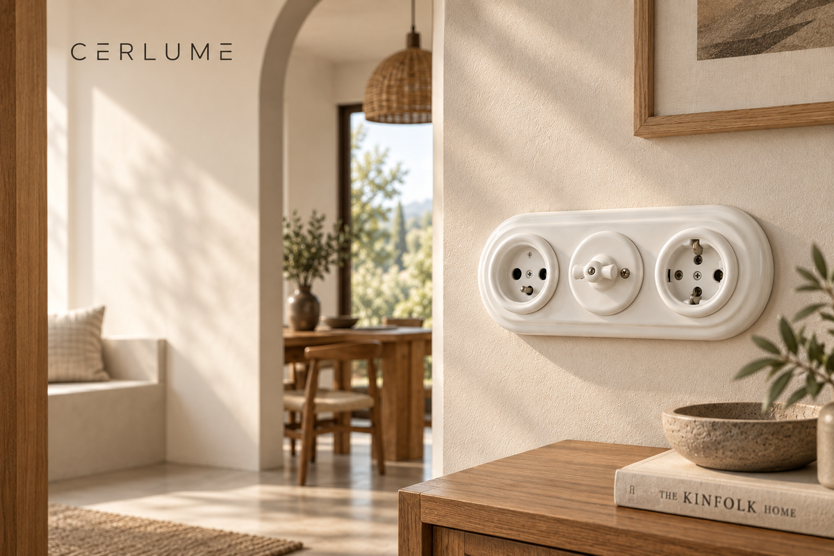 CERLUME ceramic electrical triple combination in a warm modern interior
